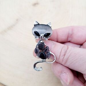Brand New 2 In 1 Black & Grey Silver Tone Cat Rhinestone Brooch Pin & Pendant